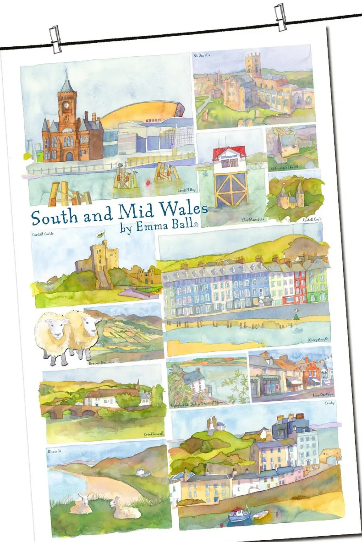 South And Mid-Wales By Emma Ball Tea Towel