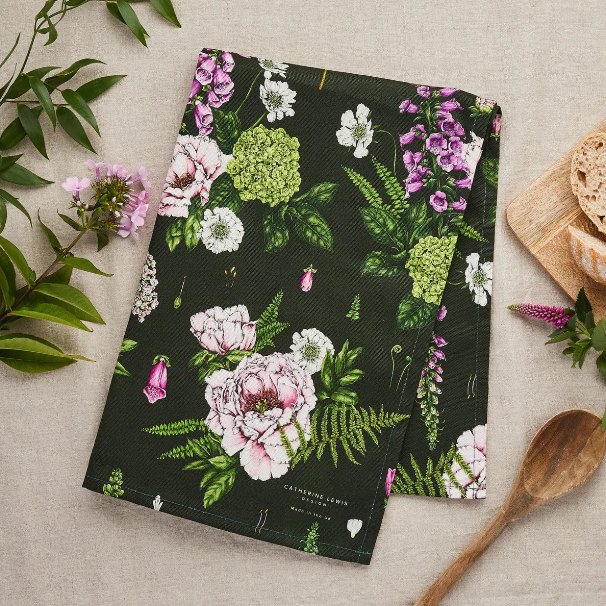 Summer Garden Tea Towel - Dark Green