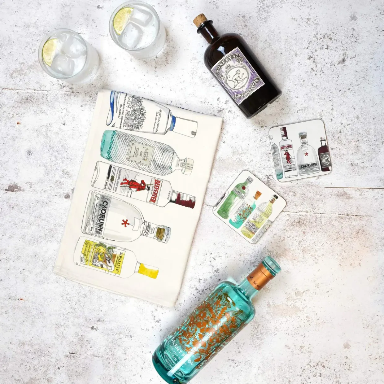 Ten Gin Bottles Tea Towel By Corinne Alexander